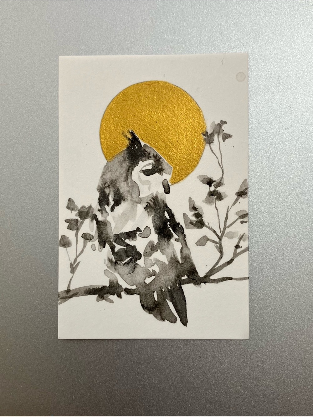 Original owl sunset painting miniature realism art sumi-e style ink gift artwork